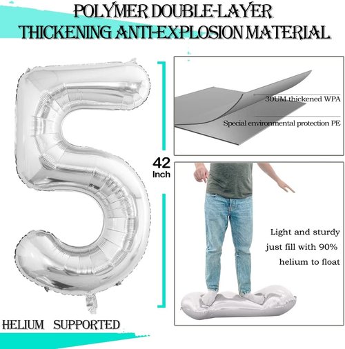 GOER Silver Foil Number 5 Balloons - Huge 42 Inch, 32 Inch, 16 Inch for 5th & 55th Birthday Party Decor