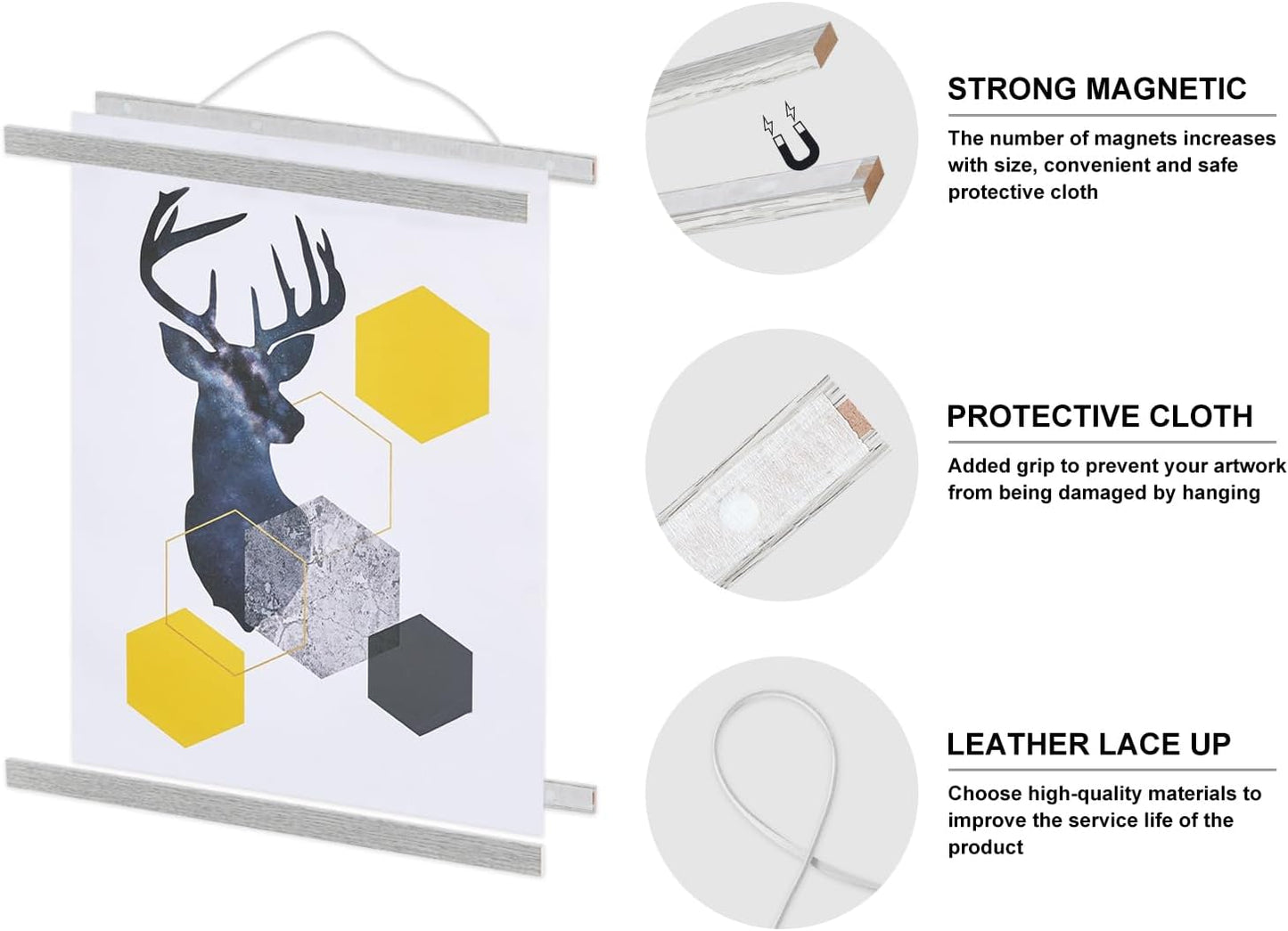 Benjia Magnetic Poster Hanger - 20" Wooden Frame for Canvas Art & Map Display (Grey)