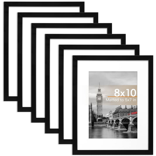 Fixwal 8x10 Picture Frame Set of 6 with Shatter Resistant Plastic Glass, Thin Border and Light Weight Photo Frames for Wall or Tabletop Display, Black