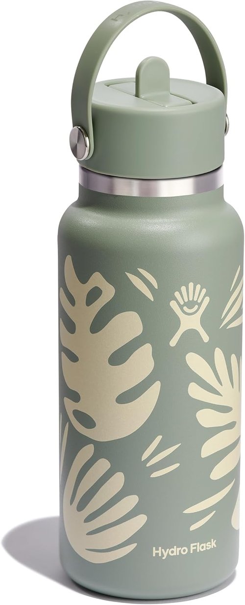 Hydro Flask Water Bottle - Insulated Stainless Steel - 32 Oz Wide Mouth with Flex Straw Lid | Botanical Bliss Agave
