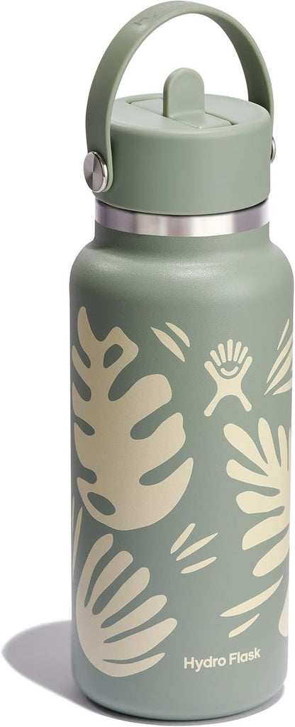 Hydro Flask Water Bottle - Insulated Stainless Steel - 32 Oz Wide Mouth with Flex Straw Lid | Botanical Bliss Agave