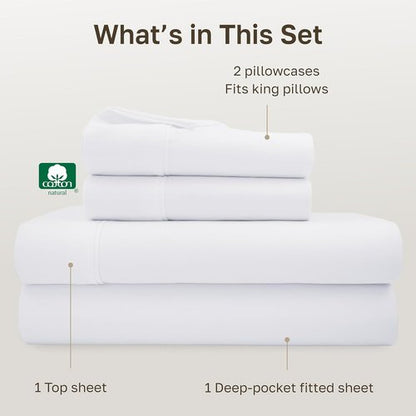 California Design Den King Sheet Set - 100% Cotton, 400 Thread Count, Silky Smooth Sateen Weave, Deep Pockets - White