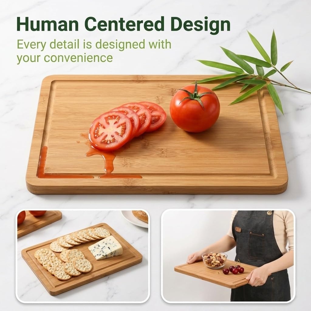 Skiennix 3-Piece Bamboo Cutting Board Set - Deep Juice Grooves & Easy-Grip Handles | Durable, Knife-Friendly Boards for Meat, Vegetables & Fruit
