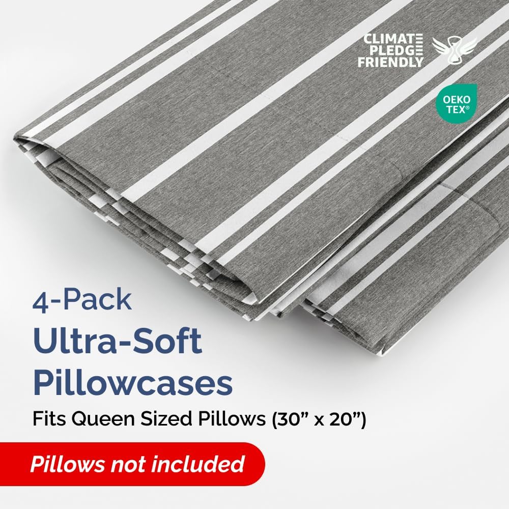 Skiennix Queen Pillow Cases Set of 4 - Ultra Soft Hotel Quality - Wrinkle-Free & Fade Resistant - Grey Stripes