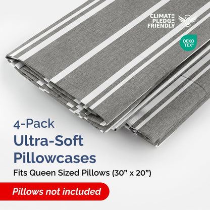 Skiennix Queen Pillow Cases Set of 4 - Ultra Soft Hotel Quality - Wrinkle-Free & Fade Resistant - Grey Stripes