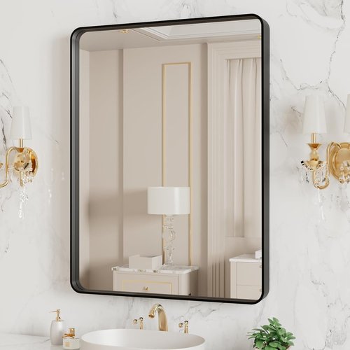 LOAAO Black Metal Framed Bathroom Mirror - Large Rounded Rectangle, Anti-Rust, 20x16 Inch, Matte Finish