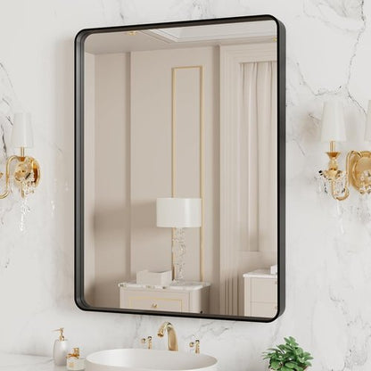 LOAAO Black Metal Framed Bathroom Mirror - Large Rounded Rectangle, Anti-Rust, 20x16 Inch, Matte Finish