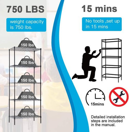 BestOffice | Heavy-Duty 5-Tier Wire Storage Shelves | 14x24x60 | Black | No-Tool Assembly, Holds Up to 750 lbs