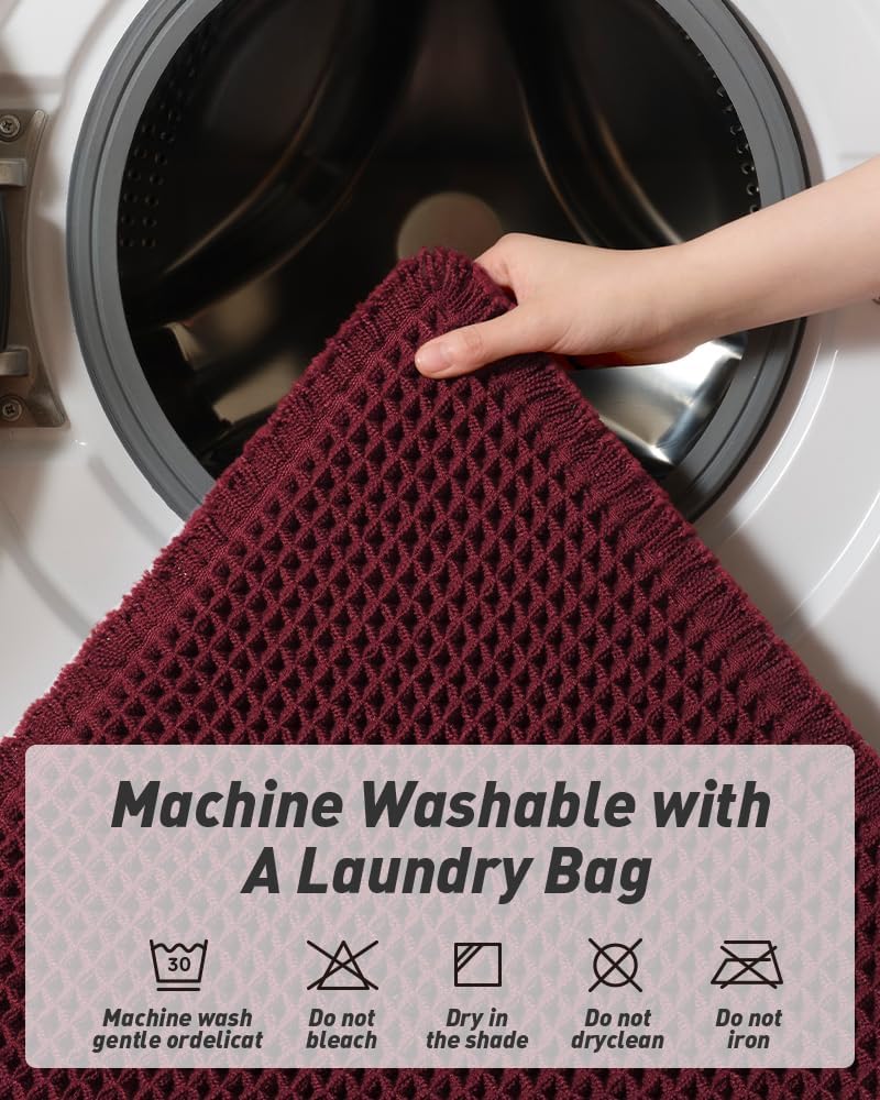 Upgraded Waffle Runner Rug, Super Absorbent Non Slip Bath Mats for Bathroom Floor, Washable Bathroom Runner Rug with Tassels, Ideal for Hallway Bedroom Laundry Room, Burgundy, 2'x 6'(24" x 72")