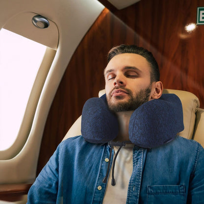 Napfun Travel Neck Pillow - Upgraded 100% Pure Memory Foam for Airplane Comfort | Portable Blue Headrest