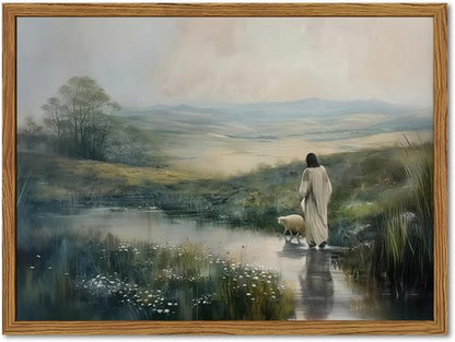 Framed Jesus Leaves the Sheep Wall Art - Christian Canvas Print | 12x16 Inch Religious Decor