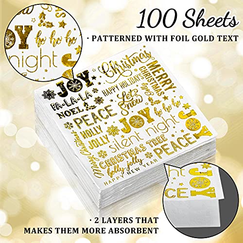 Christmas Paper Napkins Gold Foil Joy Holly Jolly 100 Pack Holiday Party Supplies