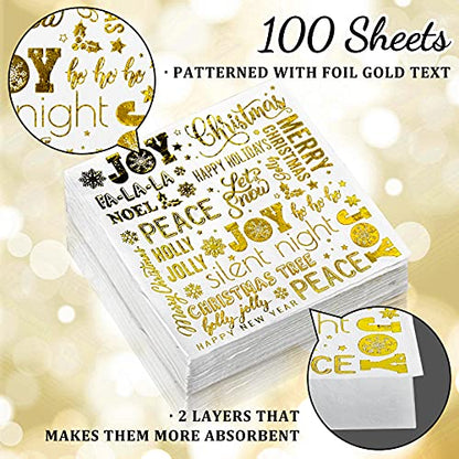 Christmas Paper Napkins Gold Foil Joy Holly Jolly 100 Pack Holiday Party Supplies