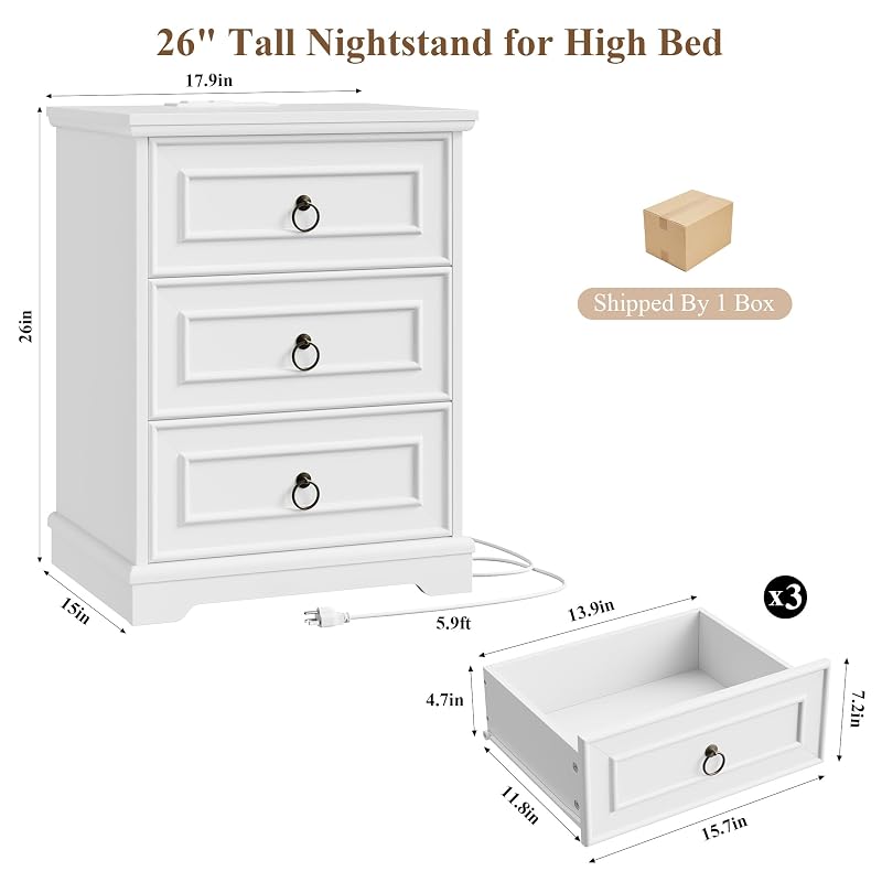 26" Tall Nightstand with Charging Station - White, 3 Drawers (Variation: White+1)