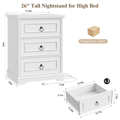26" Tall Nightstand with Charging Station - White, 3 Drawers (Variation: White+1)