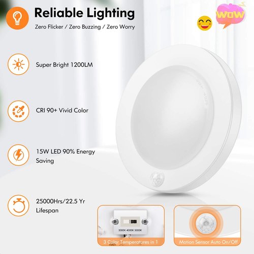 Brightever Motion Sensor LED Ceiling Lights, 10 inch 1200LM & 15W(100W Equivalent), 3000K/4000K/5000K Selectable, Indoor Flush Mount Light Fixture for Hallway, Stairs, Pantry, Closet, Pack of 2, White