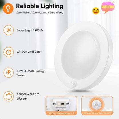 Brightever Motion Sensor LED Ceiling Lights, 10 inch 1200LM & 15W(100W Equivalent), 3000K/4000K/5000K Selectable, Indoor Flush Mount Light Fixture for Hallway, Stairs, Pantry, Closet, Pack of 2, White