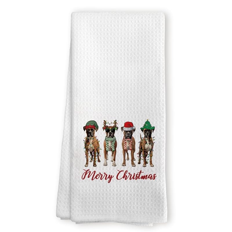 Christmas Boxer Dog Kitchen Towels - 24x16 in Flour Sack Hand Towels, Holiday Decor - Variation: Dog3