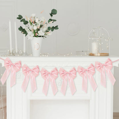 Skiennix 6.5ft Pink Bows Garland Banner - 6 Pre-Strung Bow Decorations for Birthday & Baby Showers