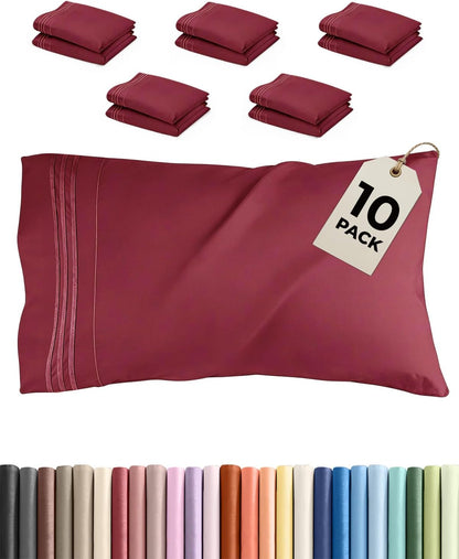 Ultra Soft Queen Pillow Cases Set of 10 | Hotel Quality, Wrinkle-Free & Stain Resistant - Burgundy