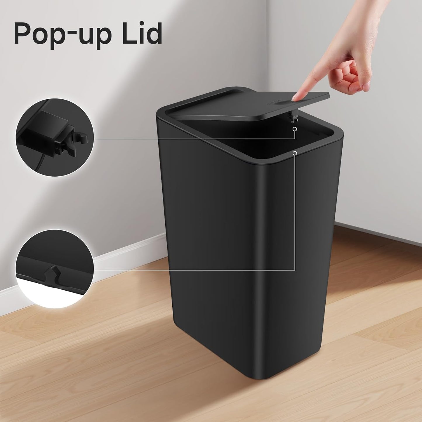 TIPGO Bathroom Trash Can - 4 Gallon Press Top Bin with Pop-Up Lid | Black Plastic Wastebasket for Home or Office