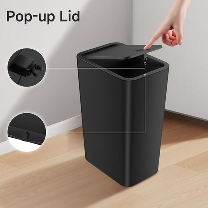 TIPGO Bathroom Trash Can - 4 Gallon Press Top Bin with Pop-Up Lid | Black Plastic Wastebasket for Home or Office