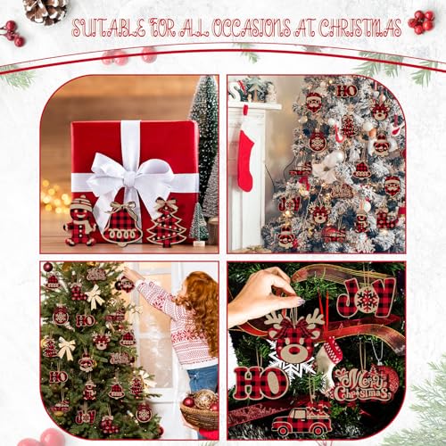 Christmas Buffalo Plaid Ornaments Set - Rustic Wooden Holiday Decor, Black Red Variation
