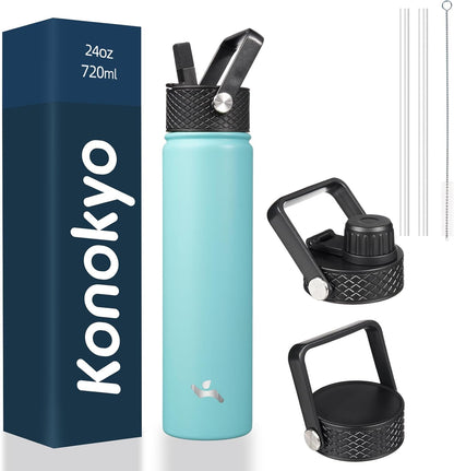 Skiennix Insulated Water Bottle - 24oz Stainless Steel Sport Bottle with 3 Lids | Turquoise