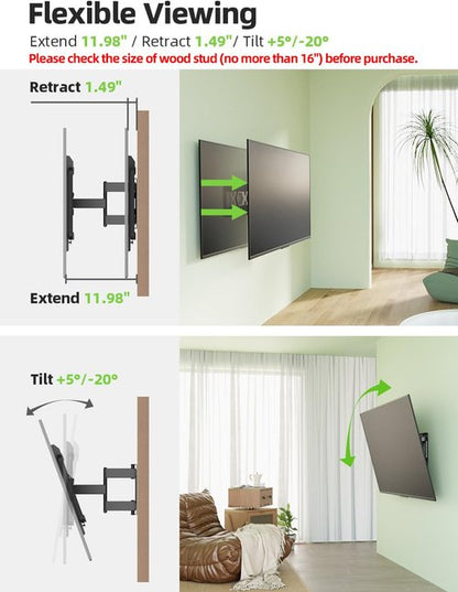 USX MOUNT Ultra Slim TV Wall Mount for Most 37-82 inch Television, Full Motion TV Mount Dual Swivel Articulating Tilt 6 Arms, Up to 120lbs, VESA 600x400mm, Max 16" Wood Studs, XML602-K