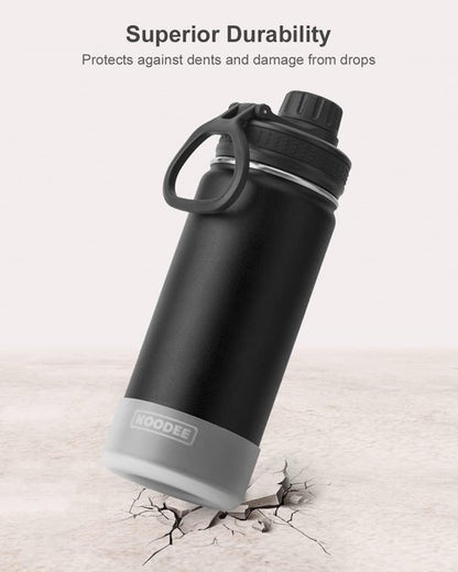 Koodee 16 Oz Stainless Steel Water Bottle - Double Wall Vacuum Insulated | Leakproof Spout Lid (Black)