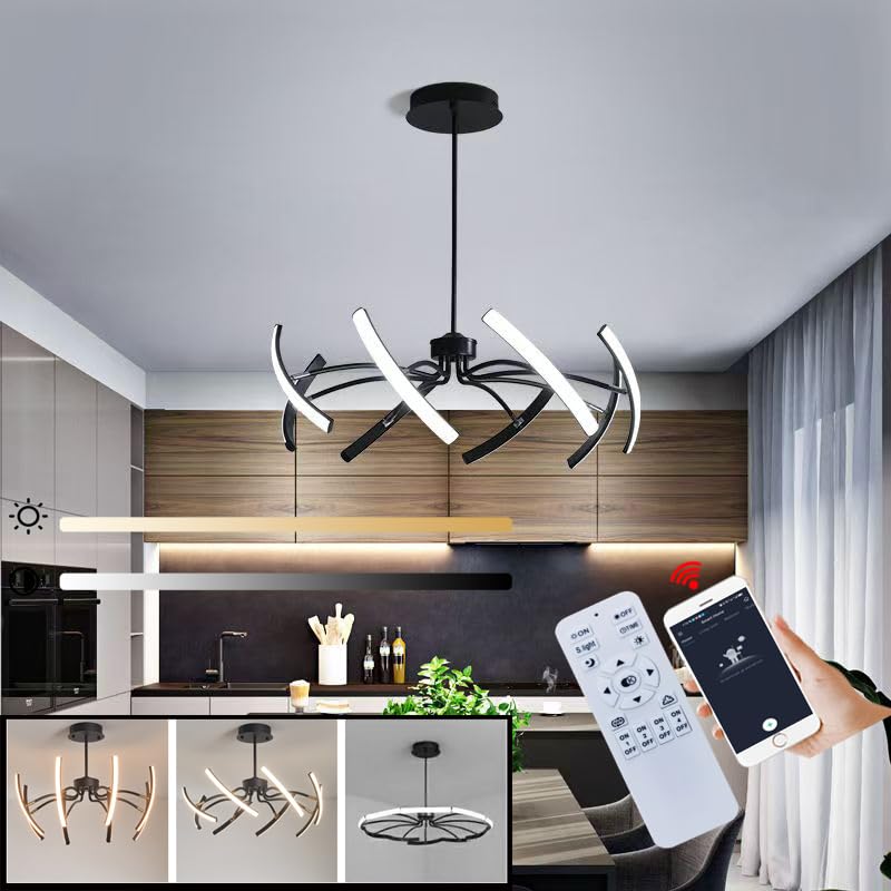 Vlastti Modern Led Chandelier Dimmable 3000k-7000k with Retome cotrol Black Suspension Adjustable Hanging Lighting for Dining Room Living Room Bedroom Kitchen Study Room (Dia31.5 x H5.9 Inch)