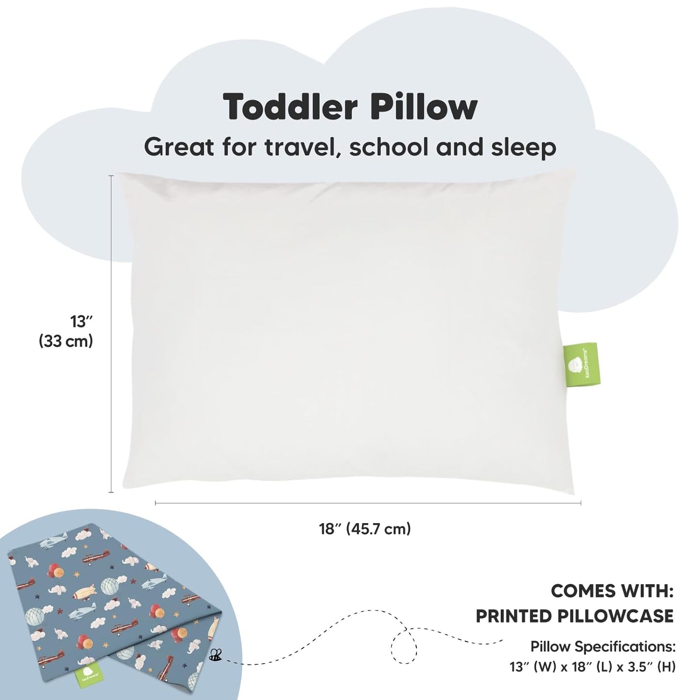 My Little Dreamy Toddler Pillow - Organic Cotton Travel Bed Pillow with Soft Pillowcase | 13x18, Machine Washable, Ages 2-5