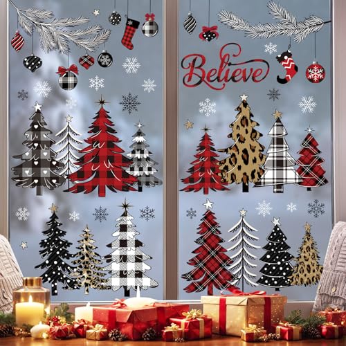 Christmas Window Clings Red Black Plaid Pine Tree Decals - Tree Variation