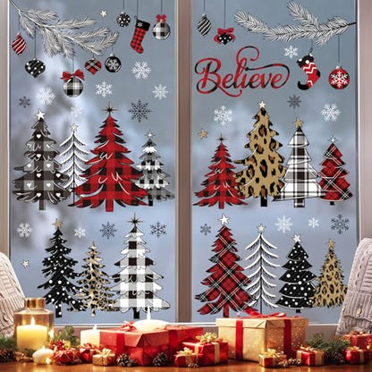 Christmas Window Clings Red Black Plaid Pine Tree Decals - Tree Variation