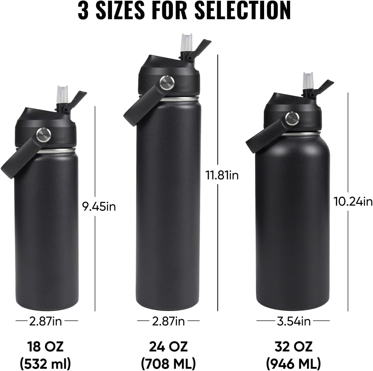 Skiennix 18oz Insulated Stainless Steel Water Bottle - Wide Mouth, Sweat & Leak Proof, BPA Free, Black