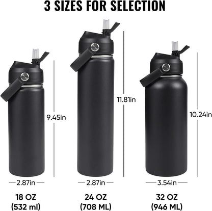 Skiennix 18oz Insulated Stainless Steel Water Bottle - Wide Mouth, Sweat & Leak Proof, BPA Free, Black