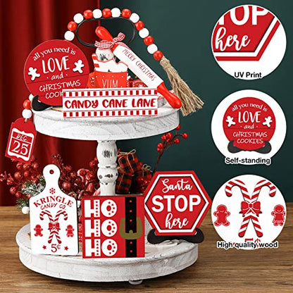Christmas Tiered Tray Decor Set - Wooden Holiday Tabletop Signs, 7 Pieces