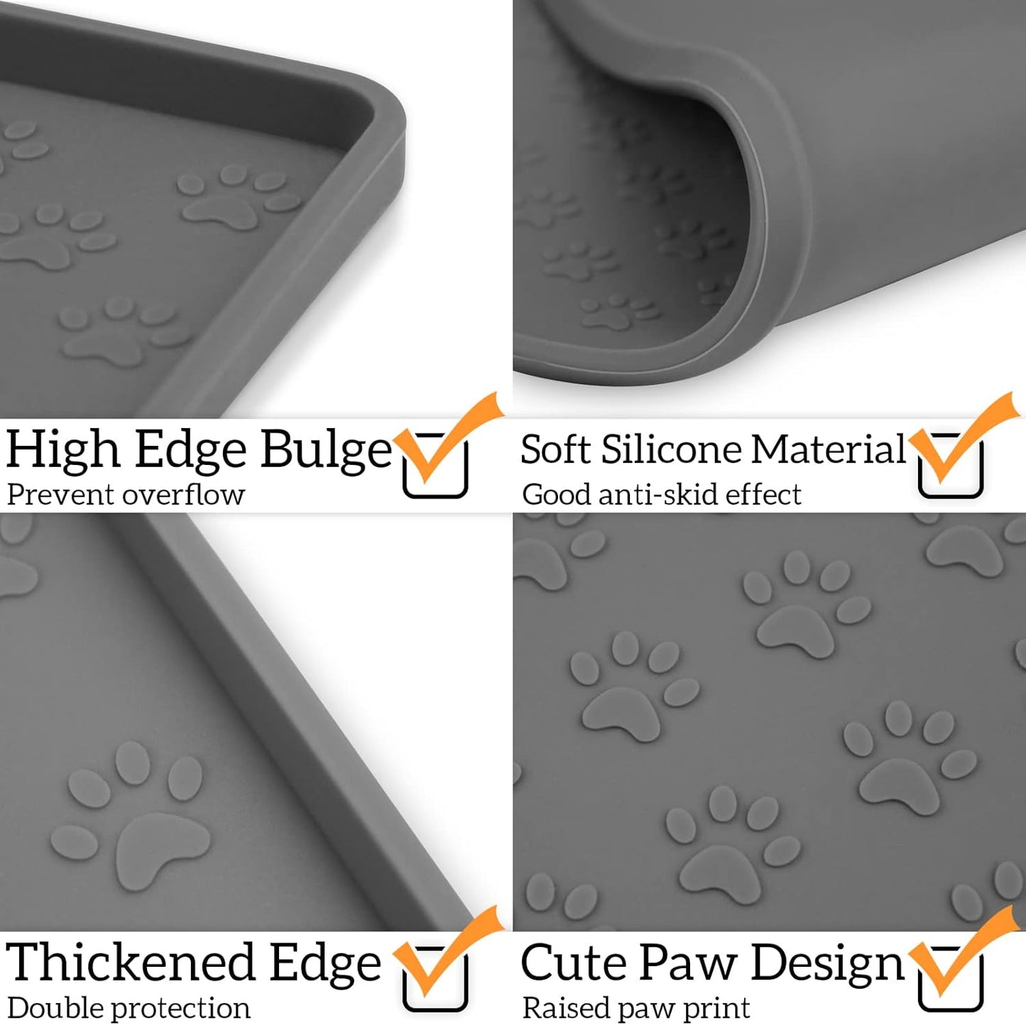 Ptlom Pet Placemat - Silicone Food & Water Mat for Dogs & Cats | Grey, 18" x 12" Size