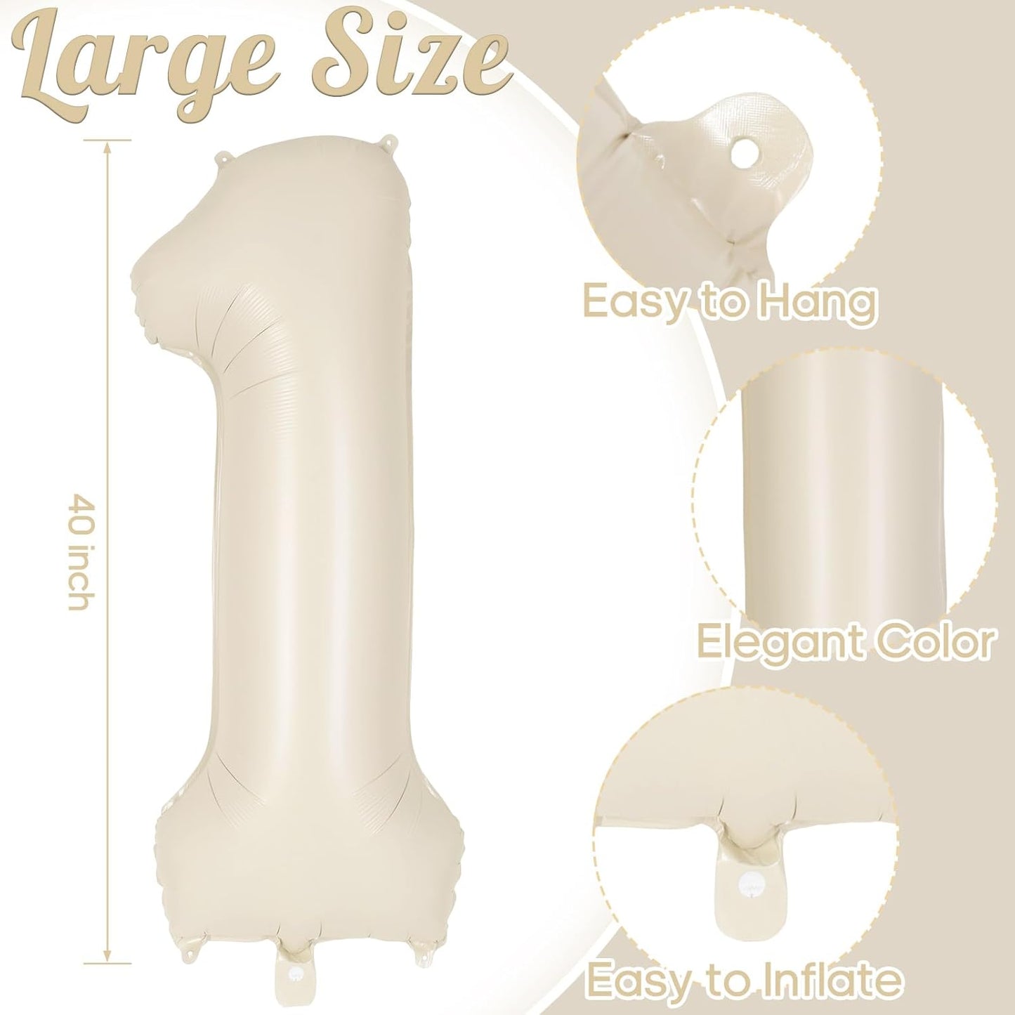 Number 1 Balloon by Cream - 40 Inch Jumbo Beige Foil Mylar Balloon for First Birthday Celebrations