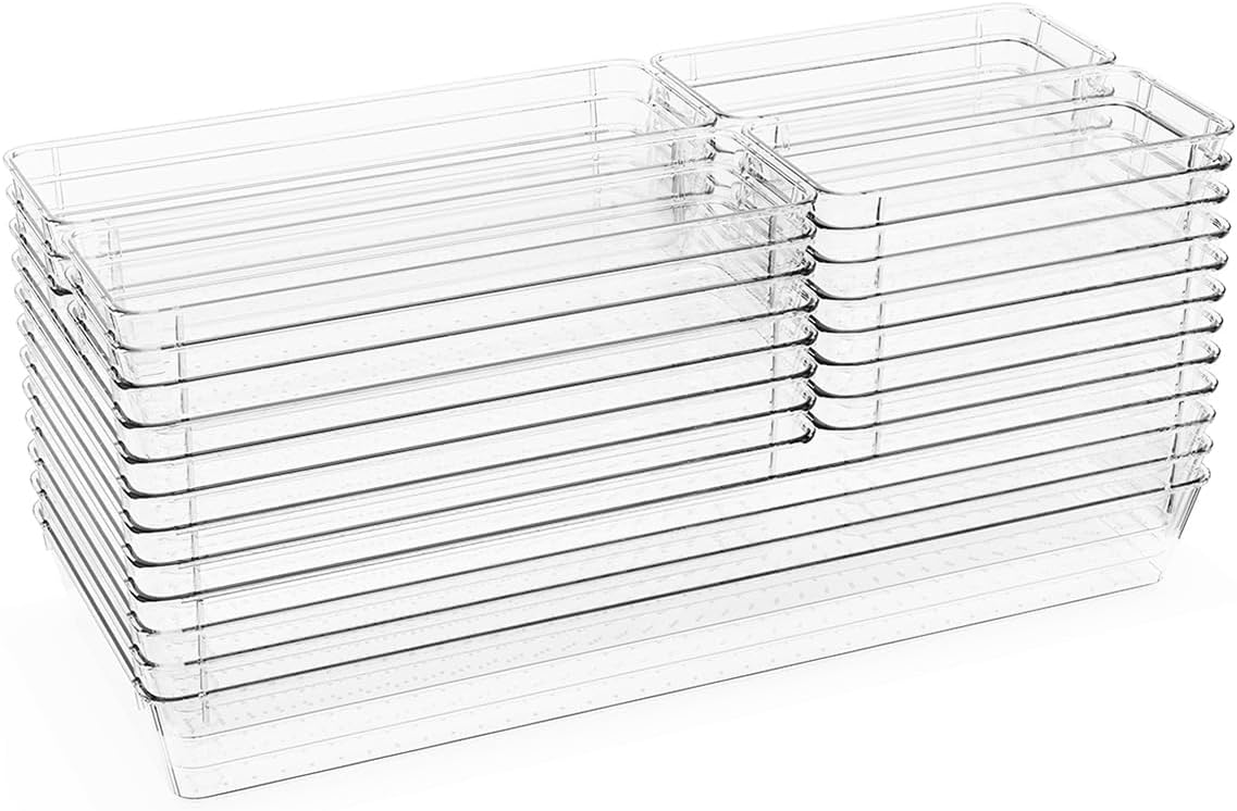 Skiennix 26 PCS Clear Drawer Organizer Bins - Versatile Plastic Storage Trays with Non-Slip Pads for Makeup, Jewelry, and Office Supplies