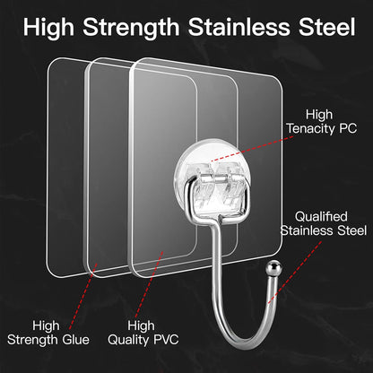 Skiennix Heavy-Duty Wall Hooks - 44lb Capacity, Self-Adhesive & Removable, 10-Pack, Clear & Waterproof