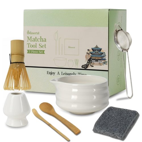 Matcha Whisk Set, 7 Pcs Matcha Kit, Premium Ceramic Matcha Set, Whisk and Bowl, Sifter, Cup Holder, Bamboo Scoop, Tea Plucking, Tea Towel, Matcha Lovers (White)