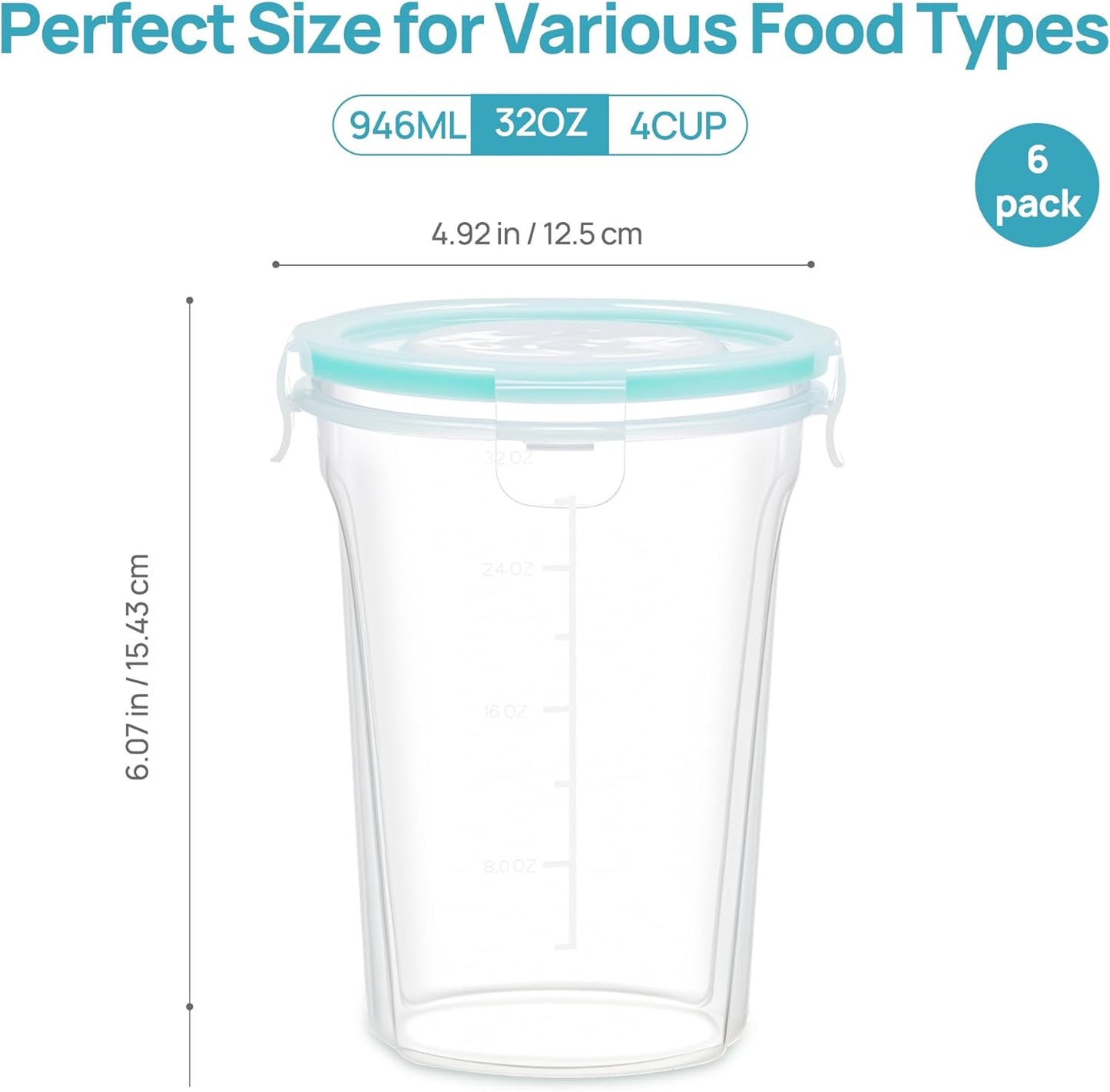 Vtopmart 32oz Freezer Storage Containers - Airtight Meal Prep Containers | 6-Pack, Reusable, Microwave Safe