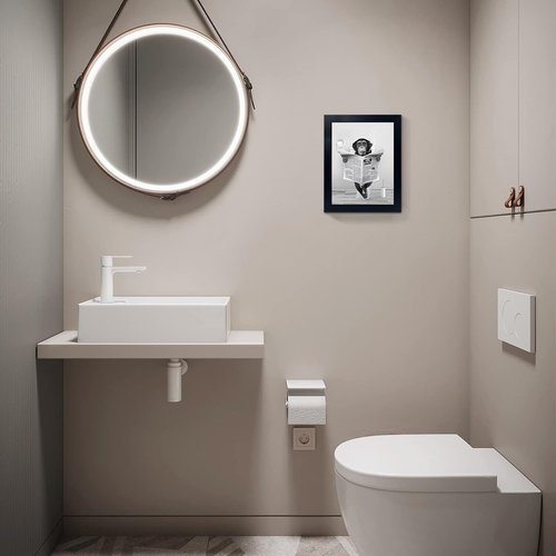 Funny Monkey Framed Wall Art - Humorous Black and White Bathroom Decor | Rustic 8"x10" Frame
