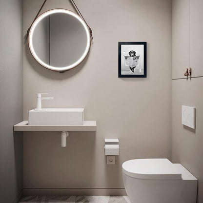 Funny Monkey Framed Wall Art - Humorous Black and White Bathroom Decor | Rustic 8"x10" Frame