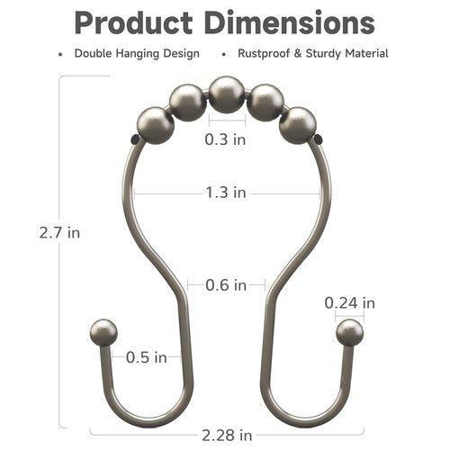 Bathway Shower Curtain Hooks Rust Proof Shower Curtain Rings, Smooth Glide Double Hook Shower Curtain Hooks,Shower Hooks for Shower Curtain Matte Nickel Shower Rod Hooks Shower Curtain Hangers 12Pcs