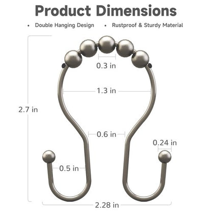 Bathway Shower Curtain Hooks Rust Proof Shower Curtain Rings, Smooth Glide Double Hook Shower Curtain Hooks,Shower Hooks for Shower Curtain Matte Nickel Shower Rod Hooks Shower Curtain Hangers 12Pcs
