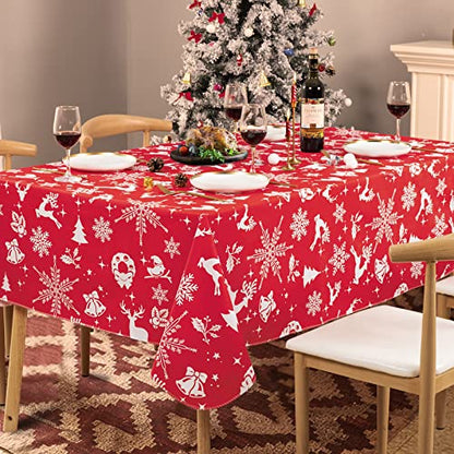 Christmas Tablecloth with Elk Pattern, Waterproof Vinyl, 102x60 Inches - Rectangular Holiday Table Cover with Flannel Backing