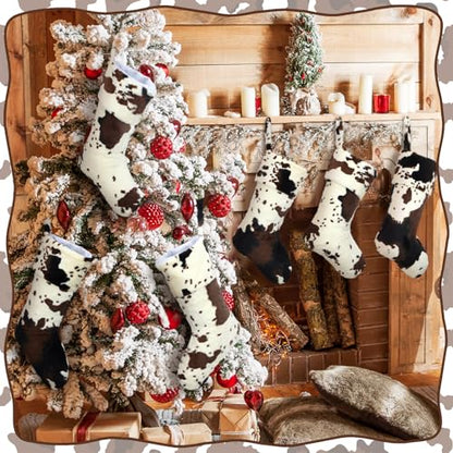 6 Pcs 20-Inch Faux Fur Christmas Stockings with Cowprint Design