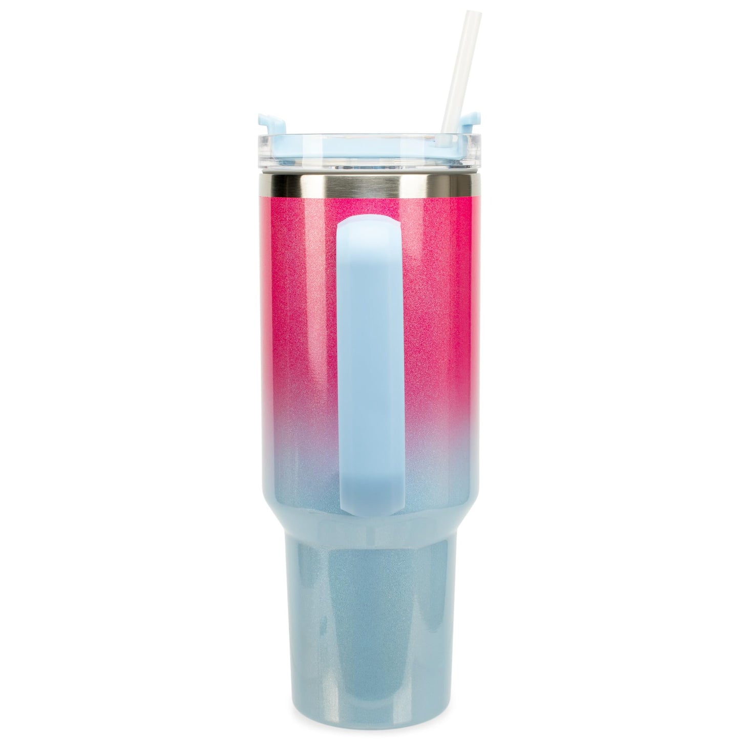 Elanze Designs 40 oz Stainless Steel, Large Water Bottle, Coffee Mug, Spill & Leak Resistant, Thermal Travel Tumbler With Handle, Lid & Straw, Hot Pink/Sky Blue